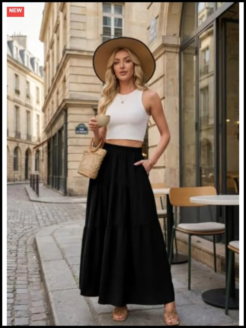 Women's High Waist Maxi Skirt with Pockets Flowy Tiered Boho Casual Lightweight